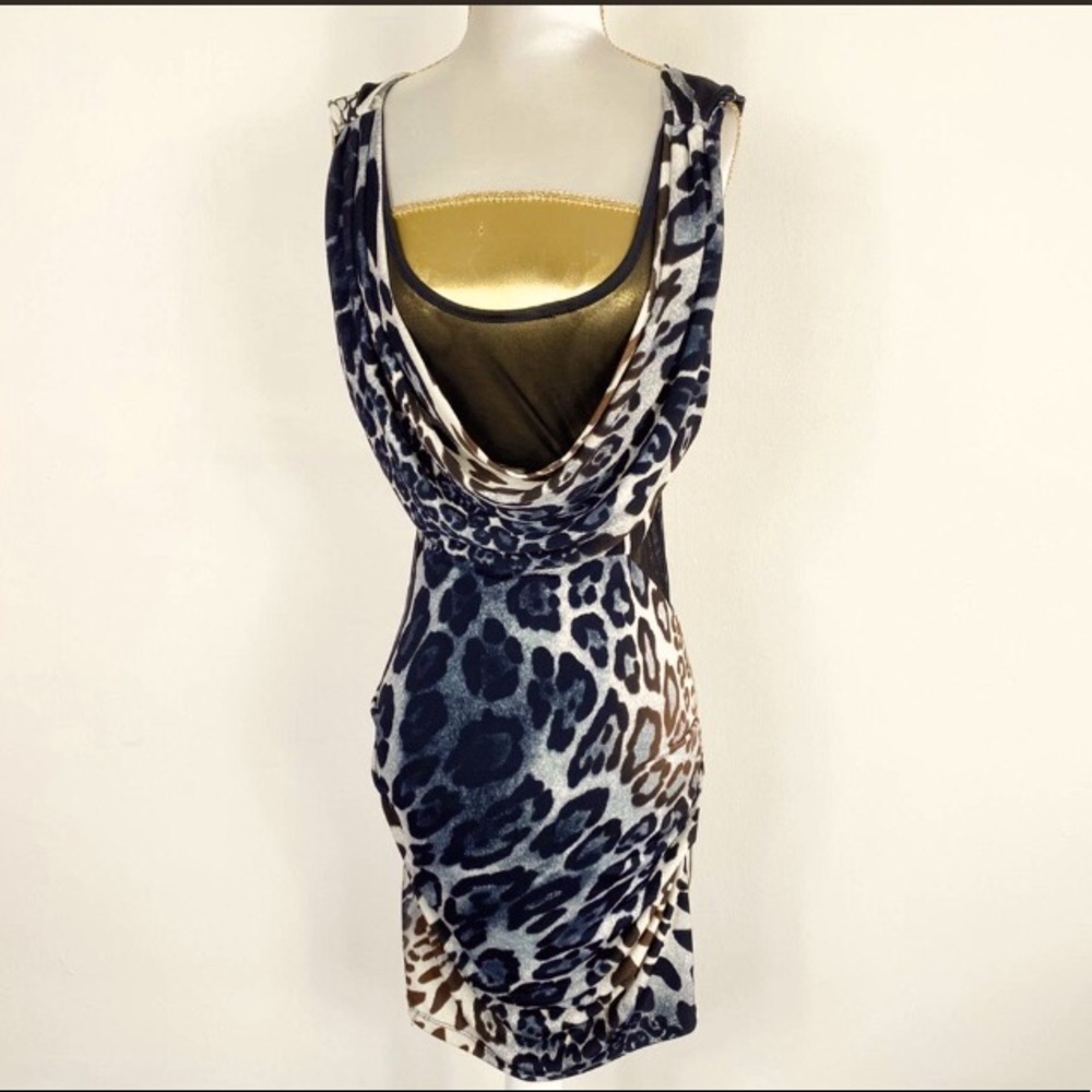 Arden B Mini Very Sexy Animal Print Open Back Cowl Neck Mesh Black Underliner